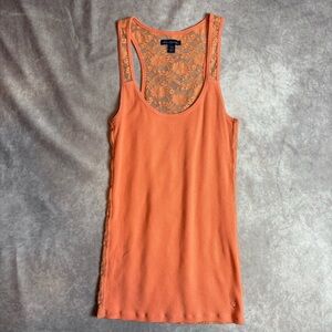 American Eagle Outfitters Y2K Orange Floral Lace Back Fitted Tank Top SZ Medium